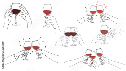 Elegant minimal vector set of wine glasses in hand, modern line art illustration of toasting and celebration scenes