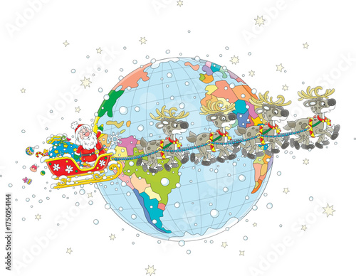 Santa Claus with holiday gifts traveling around the world in his magic sleigh with a team of flying reindeers on a snowy night before Christmas, vector cartoon illustration on white