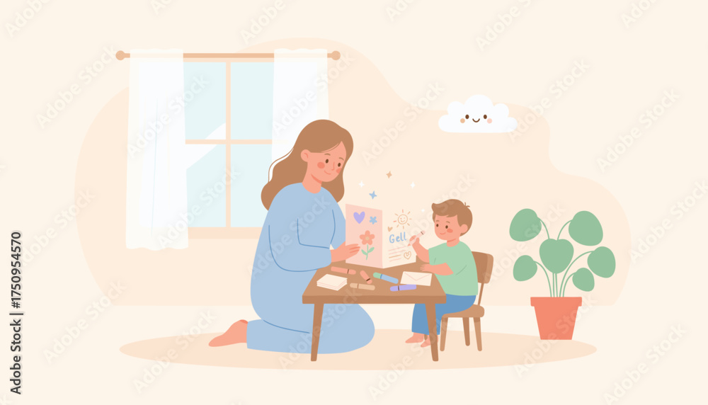 Fototapeta premium Mother and son happily crafting greeting cards at home expressing love and creativity