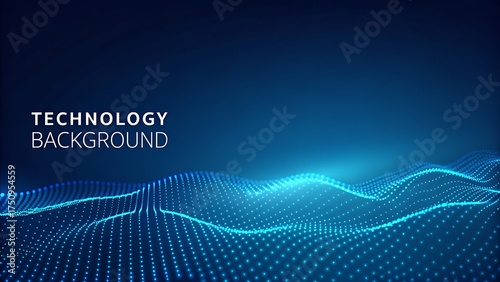 Abstract blue digital landscape with glowing lines and text
