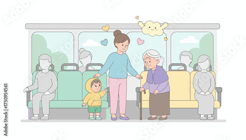 Kind mother and child offering a bus seat to an elderly woman showing public transport etiquette