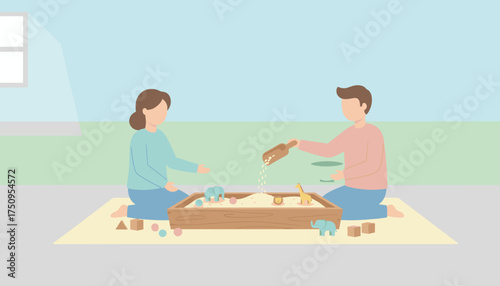 Two people engaging in sensory play with rice and animal toys in a wooden bin Early education concept