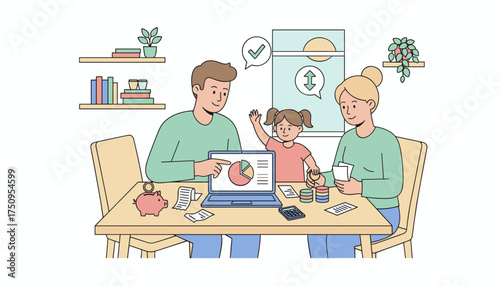 Family budgeting finances at home with laptop and coins teaching financial literacy