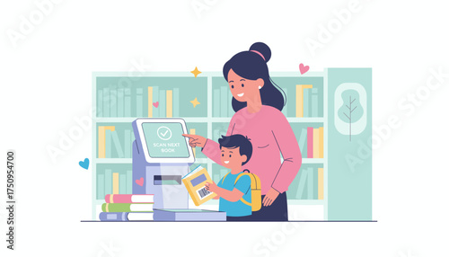Mother and son scanning books at library selfcheckout promoting education and reading