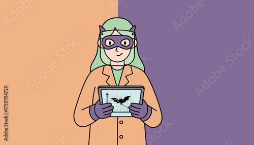 Dedicated researcher in batthemed mask analyzing data on tablet representing scientific discovery