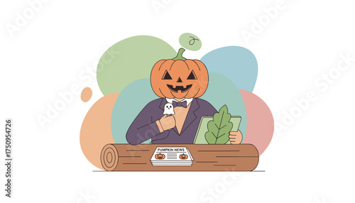 Jackolantern character broadcasts Pumpkin News with a ghost microphone and tablet Halloween media
