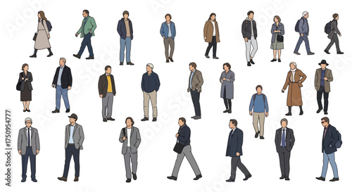 A diverse collection of illustrated people walking and standing in various casual and semi-formal outfits, isolated on a white background.