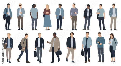 Illustration of a diverse group of people in various casual outfits, standing and walking.