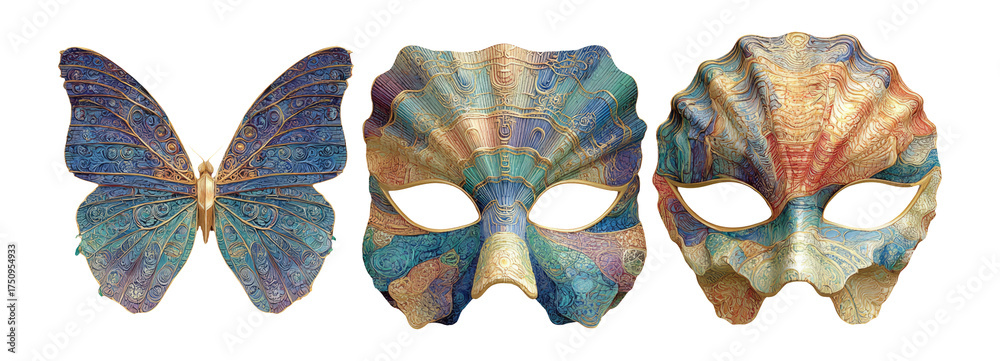 Naklejka premium Colorful Butterfly and Intricate Masks on Transparent Background for Art Use