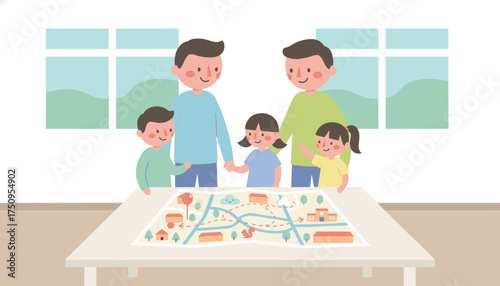 Happy diverse family with two fathers and three children planning a fun trip using a map