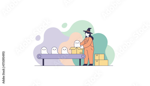Witch packing cute Halloween ghosts into boxes on a conveyor belt representing holiday production