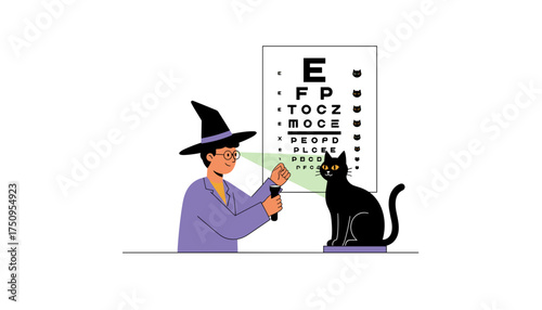 Playful witch performs eye exam on a black cat for Halloween using a vision chart