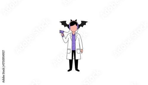 Unique scientist with bat wings headphones and device illustrating acoustic research or creative discovery