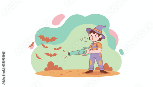 Cartoon witch blowing away bats with a leaf blower Fun whimsical Halloween concept