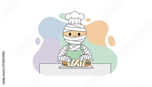 Cute mummy chef prepares spooky Halloween hot dogs Fun food illustration for holiday events