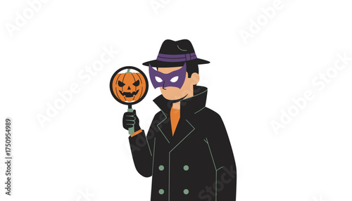 Mysterious figure in mask and fedora holding a jackolantern magnifying glass Halloween detective concept