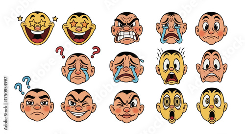 Cartoon faces showing different emotions: happy, angry, sad, confused, surprised, and mischievous.