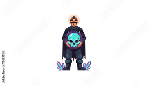 Hardhat miner holding a mystical glowing skull surrounded by colorful crystals symbolizing discovery or risk