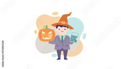 Businessman in witch hat with Halloween pumpkin and calculator representing spooky season finance