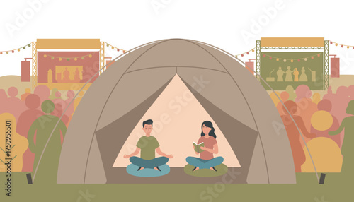 Peaceful retreat in a tent at a bustling music festival Balance relaxation and mindfulness