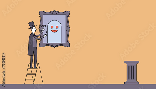 Gentleman on ladder hangs whimsical ghost portrait in art gallery Creative exhibit display