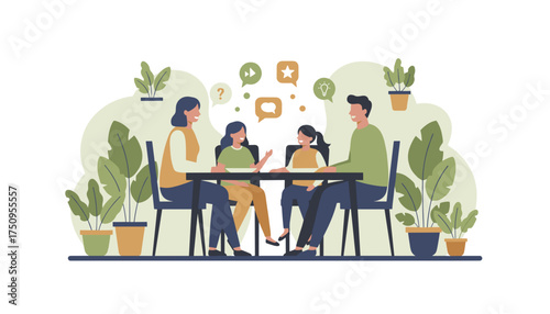 Family discusses ideas and shares thoughts at a table promoting communication and connection