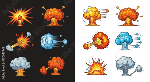 A collection of cartoon explosion and bomb blast effects, including mushroom clouds and smoke puffs for animation or game design.