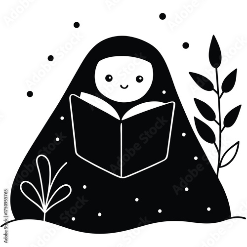 Karakter Non Biner Membaca di Perpustakaan Kecil Ilustrasi Inklusif