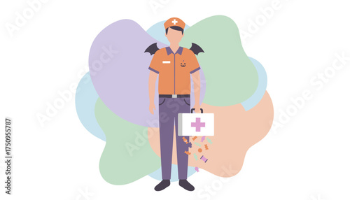 Nurse in Halloween costume with bat wings first aid kit and candy Fun medical theme