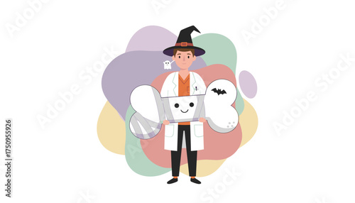 Doctor in witch hat holds smiling bandaged Halloween bone with bat and ghost Spooky fun