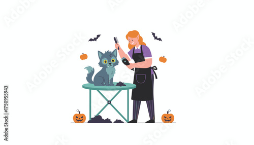 Halloween pet grooming session with a spooky werewolf cat getting a fresh trim amidst pumpkins and bats