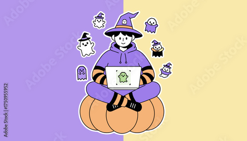 Witchy designer on pumpkin creating pixel art ghost on laptop surrounded by cute Halloween spirits