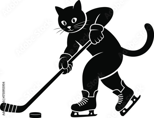 Cat Playing Ice Hockey Silhouette Vector Funny Animal Illustration