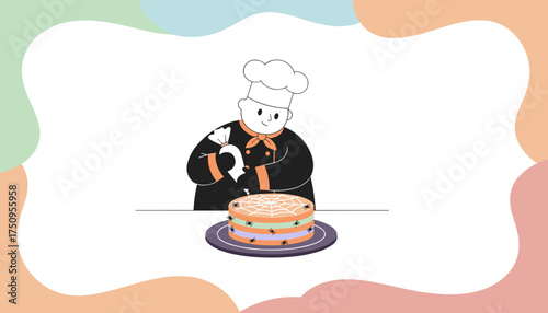 Smiling chef decorates a spooky Halloween cake with spiderweb and spider designs ready for celebration