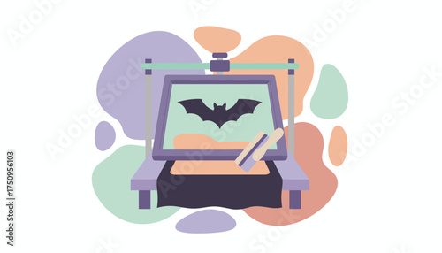Screen printing press with a bat design perfect for Halloween crafts or custom apparel business