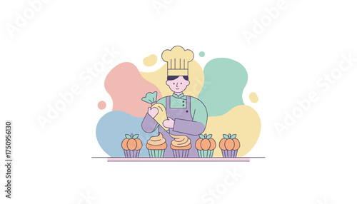Chef decorates pumpkin and frosted cupcakes embodying culinary skill and sweet treat preparation