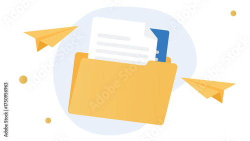 Folder with documents and flying paper planes