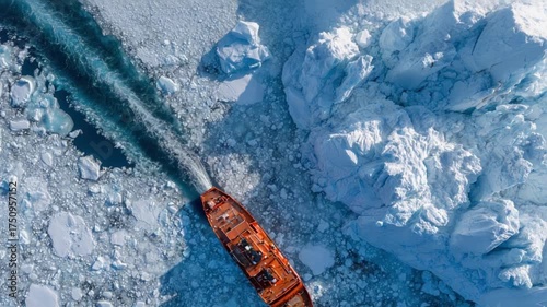 An Overhead View of an Icebreaker Navigating Through Rugged Ice Floes, Charting a Path in the Frozen Waters Surrounded by Massive Glacial Structures