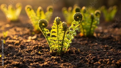 Young Fern Fronds Unfurling in Golden Sunlight Outdoors With Soil Background