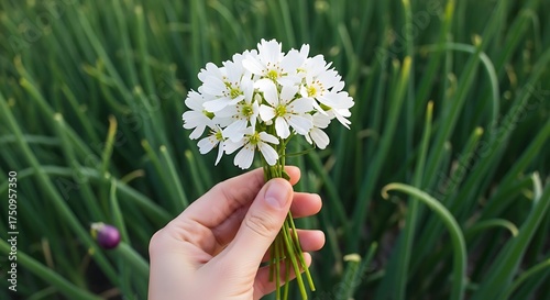 Hand Holding Delicate White Flowers in Lush Green Garden.
