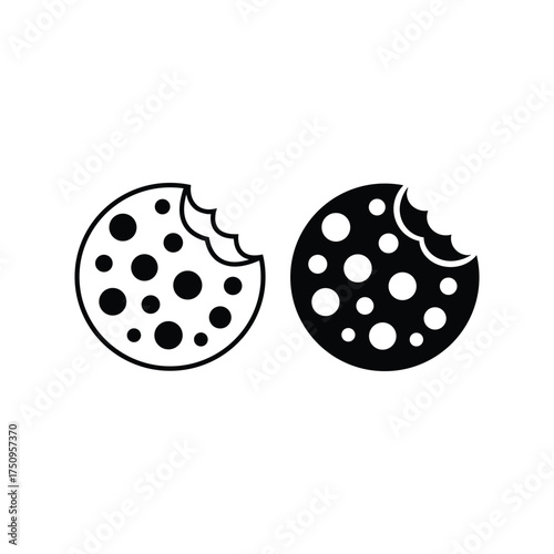 Bitten chocolate chip cookie icons show delicious treat in black and white against transparent background