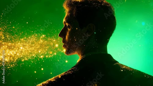 Young Man In Profile Facing Golden Particles Against Green Neon Background Dramatic Lighting With Sparkle Effect