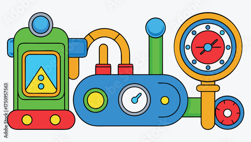 Colorful mechanical contraption with gauges and tubes machine meter