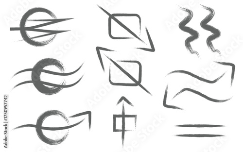 hand drawn grunge abstract brush arrows set, creative ink texture geometric line art, minimal black brush stroke design elements