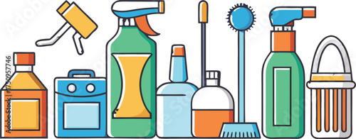 Assorted cleaning supplies and tools in bright colors spray bottles broom