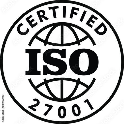 ISO 27001 certification logo featuring a globe and the ISO acronym.