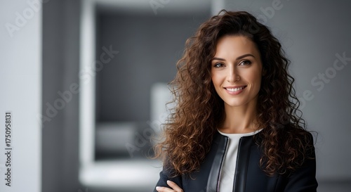 Confident Businesswoman with Curly Brown Hair – Modern Office Portrait, Stylish Professional Aesthetic
