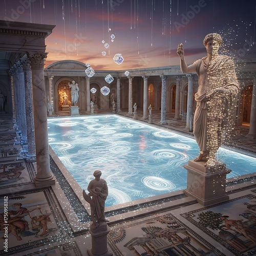 Ancient Roman Bathhouse with Statues and Bubbles in a Dreamlike Setting.