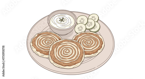 A delicious plate of cinnamon rolls with a creamy dipping sauce and cucumber slices.