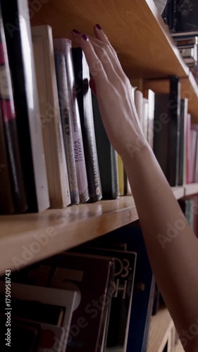 Woman choosing a book from bookshelf in library or bookstore reading education study